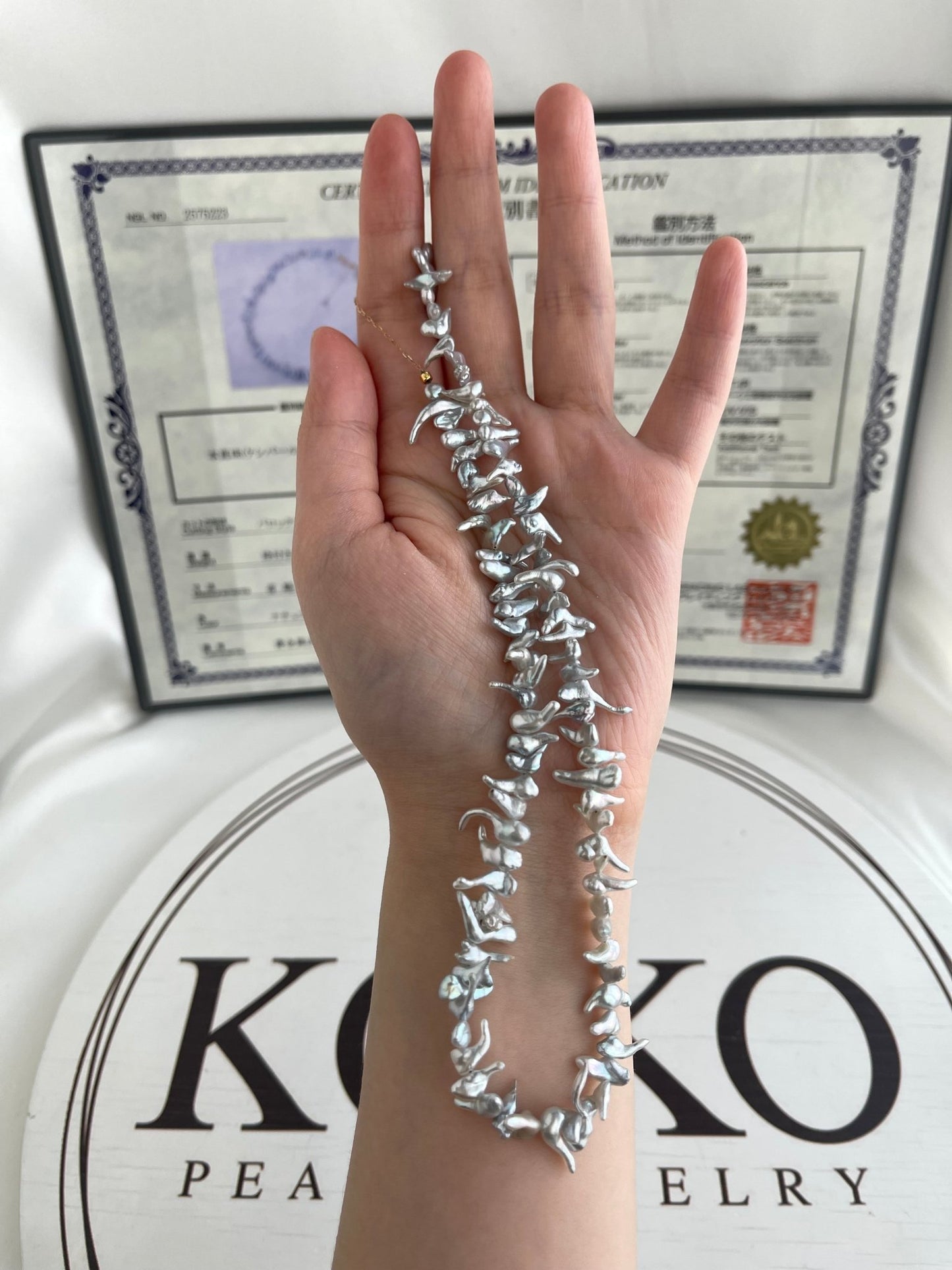 Certified 4mm Natural Silver Tone Akoya Keshi Pearl Beaded Necklace - KOKOPEARLJEWELRY - 6