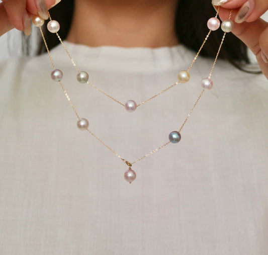 Rainbow Color 7.5mm Akoya Pearl Station Necklace 18K Gold - KOKOPEARLJEWELRY - 1