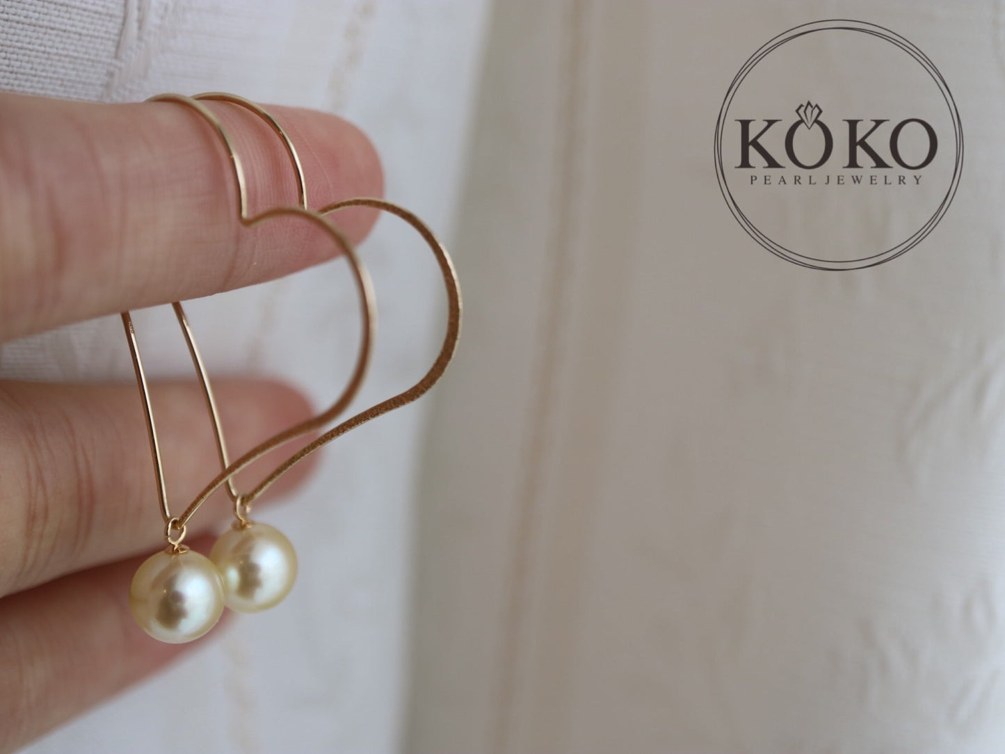 Natural Cream Golden Akoya Pearl Heart Shaped Hoop Earrings 10K Gold - KOKOPEARLJEWELRY - 4