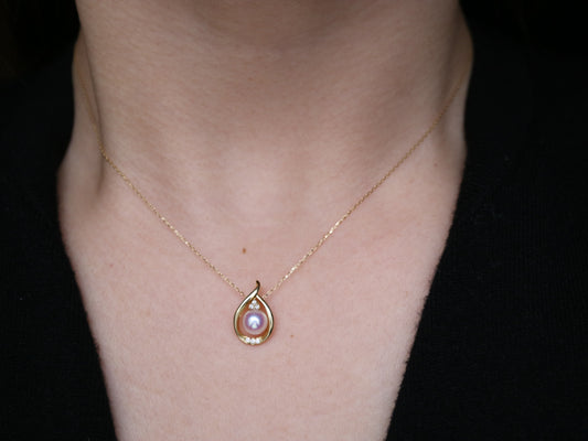 2way Wearing 6mm Akoya Pearl Diamond Water Drop Pendant Necklace 18K Yellow Gold