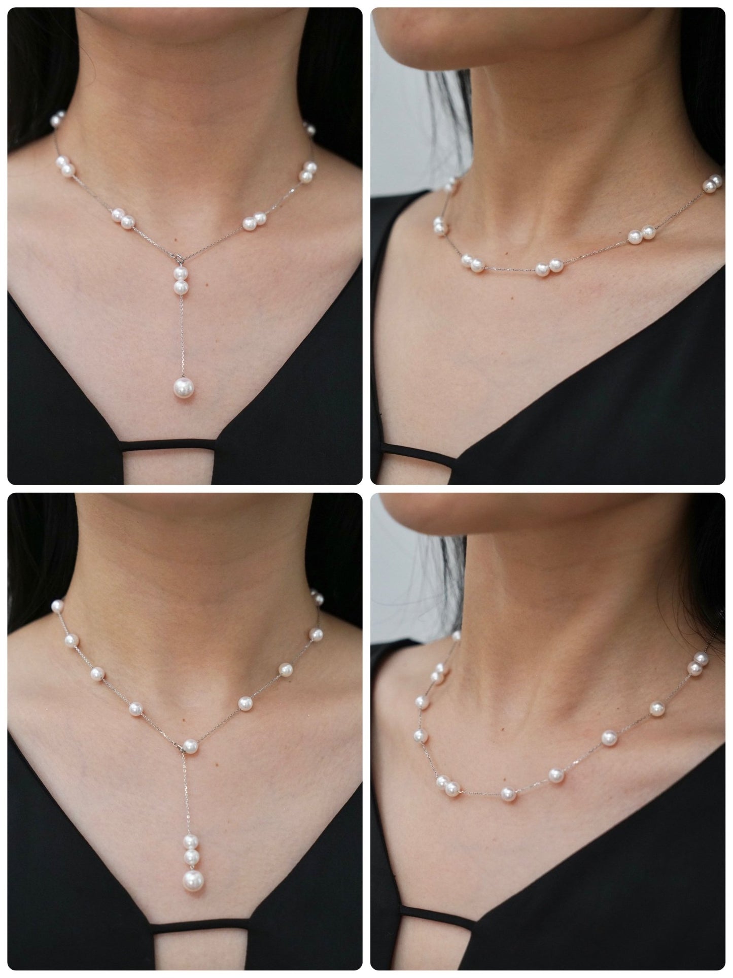 Movable 6mm Akoya Pearl All in One Station Necklace 18K White Gold - KOKOPEARLJEWELRY - 2