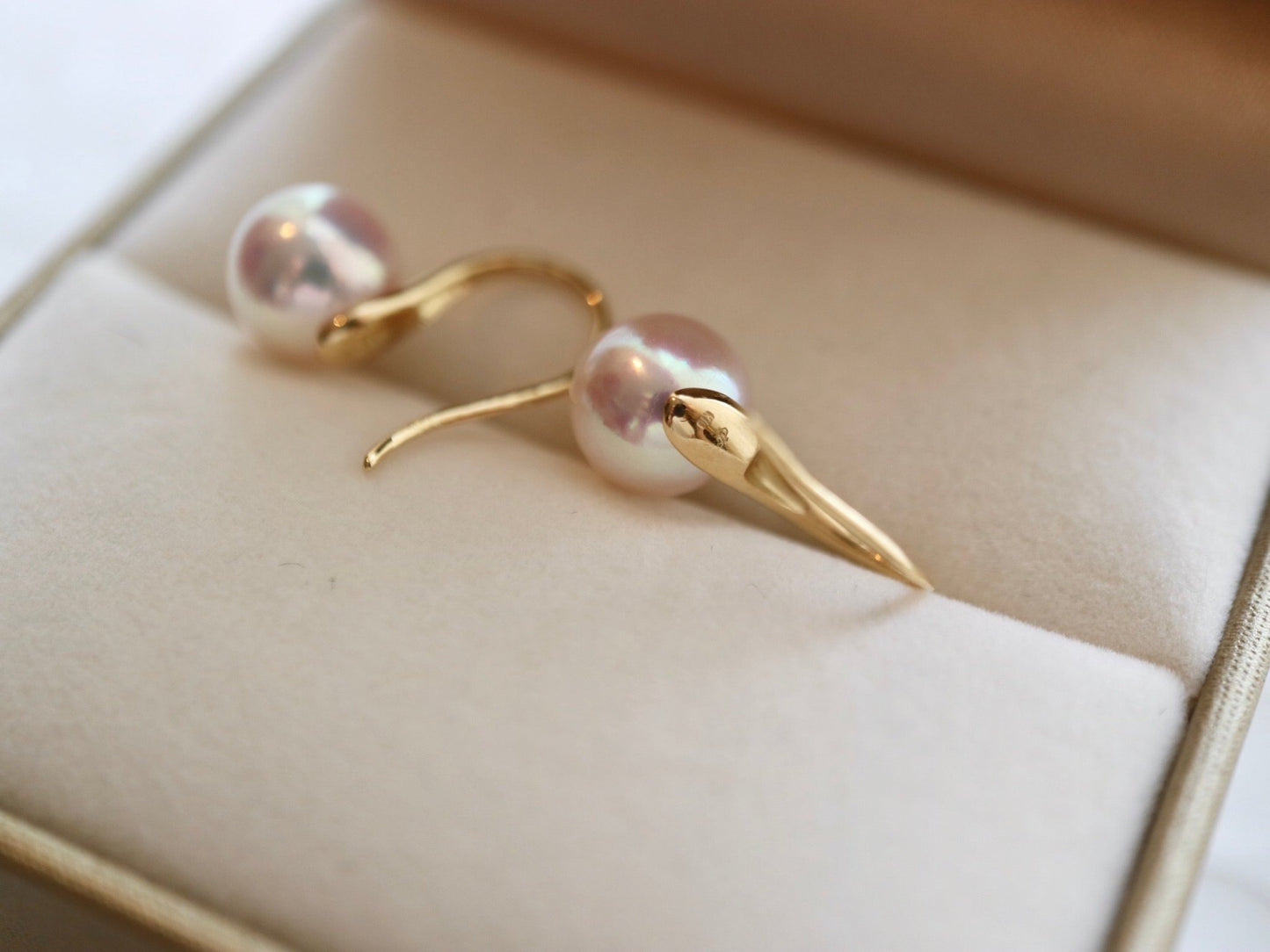 7.5mm White Akoya Pearl Drop Hook Earrings 18K Yellow Gold - KOKOPEARLJEWELRY - 2