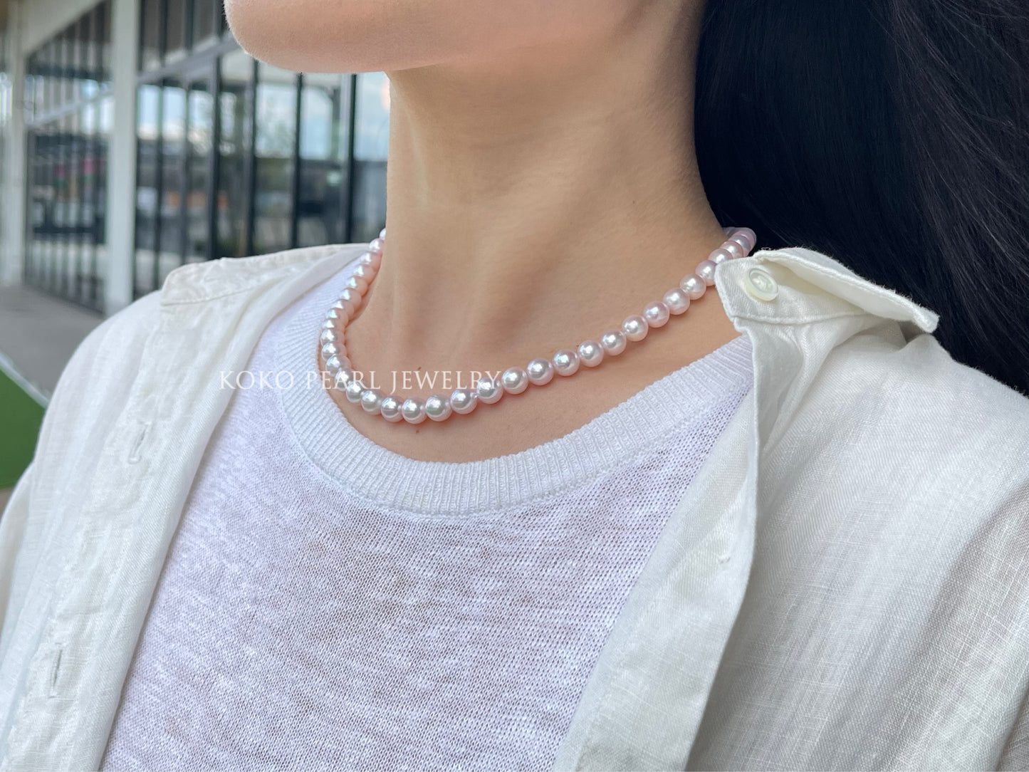 Pinkish White 7.5mm Akoya Pearl Strand Necklace