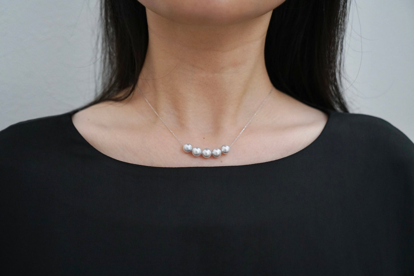Movable 7.5mm Natural Silver Gray Akoya Pearl All in One Station Necklace 18K White Gold - KOKOPEARLJEWELRY - 5