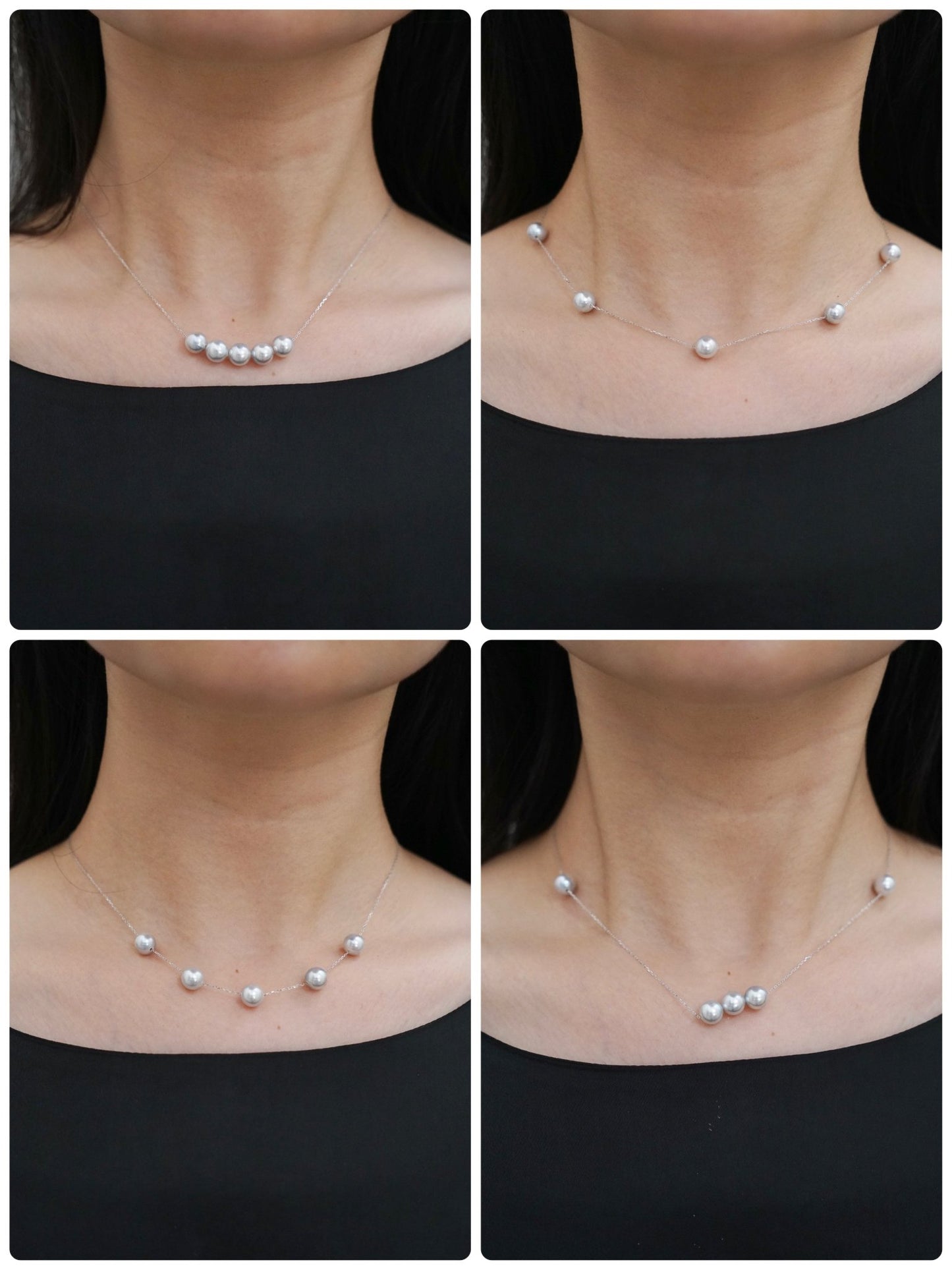 Movable 7.5mm Natural Silver Gray Akoya Pearl All in One Station Necklace 18K White Gold - KOKOPEARLJEWELRY - 2