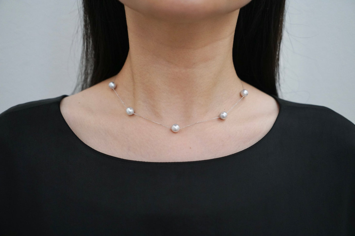 Movable 7.5mm Natural Silver Gray Akoya Pearl All in One Station Necklace 18K White Gold - KOKOPEARLJEWELRY - 4