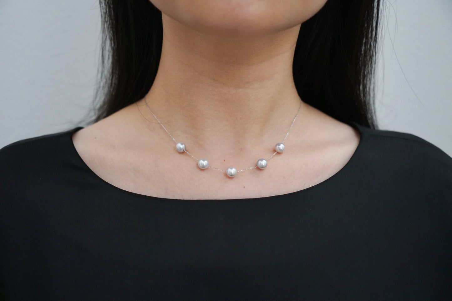 Movable 7.5mm Natural Silver Gray Akoya Pearl All in One Station Necklace 18K White Gold - KOKOPEARLJEWELRY - 3