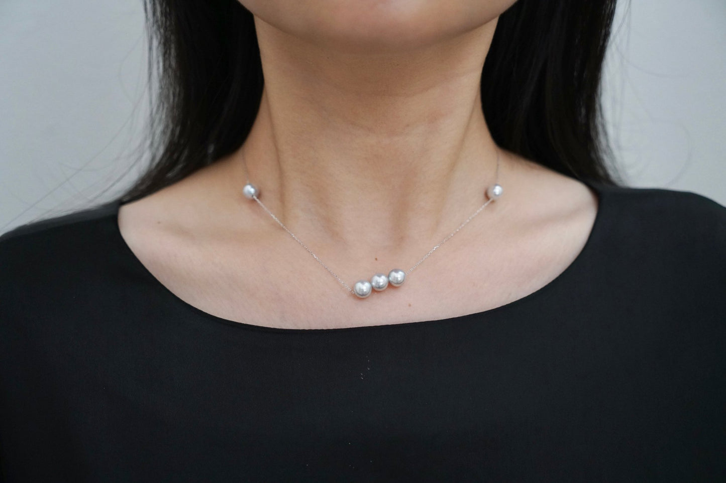 Movable 7.5mm Natural Silver Gray Akoya Pearl All in One Station Necklace 18K White Gold - KOKOPEARLJEWELRY - 1
