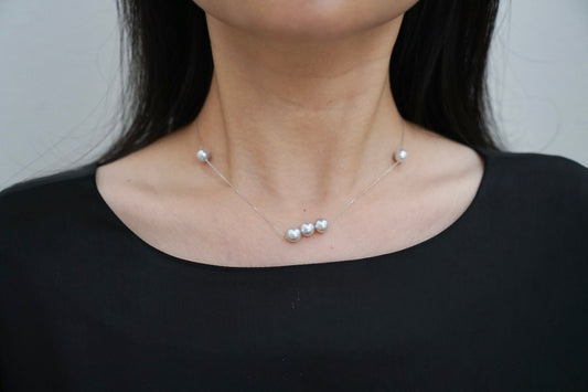 Movable 7.5mm Natural Silver Gray Akoya Pearl All in One Station Necklace 18K White Gold - KOKOPEARLJEWELRY - 1