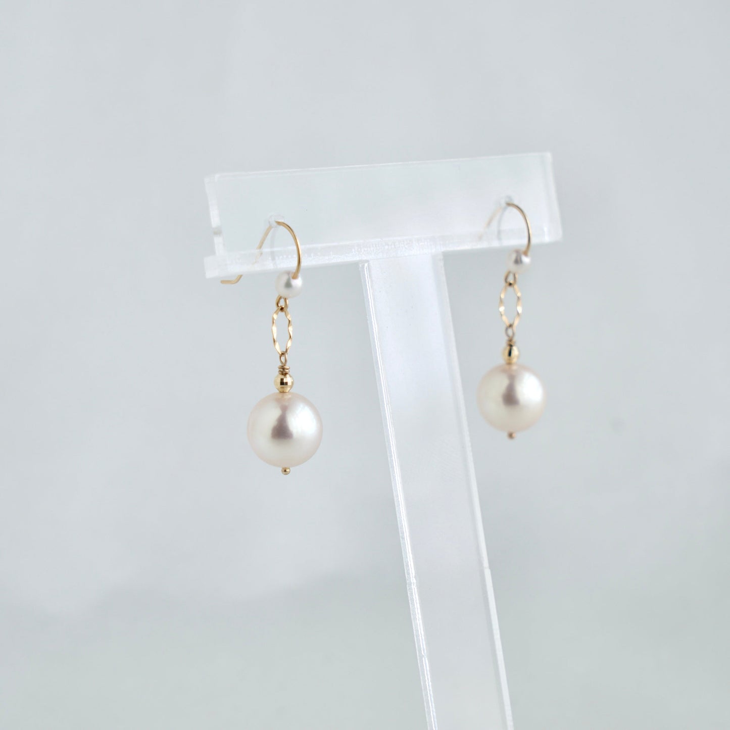 Rare Size 9mm Pinkish White Akoya Pearl Drop Hook Earrings 18K Gold - KOKOPEARLJEWELRY - 4