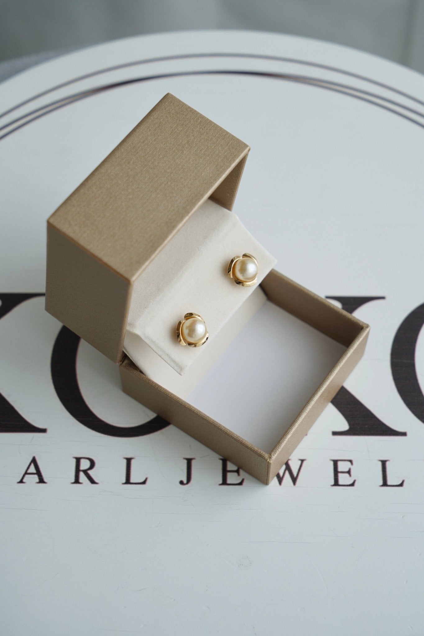 7.5mm Natural Cream Golden Akoya Pearl Rosebud Stud Earrings 18K Yellow Gold - KOKOPEARLJEWELRY - 9