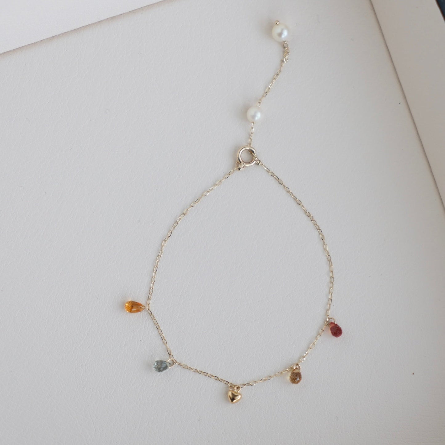 Gold Heart Akoya Pearl Mixed Color Sapphire Station Bracelet 10K Gold - KOKOPEARLJEWELRY - 9