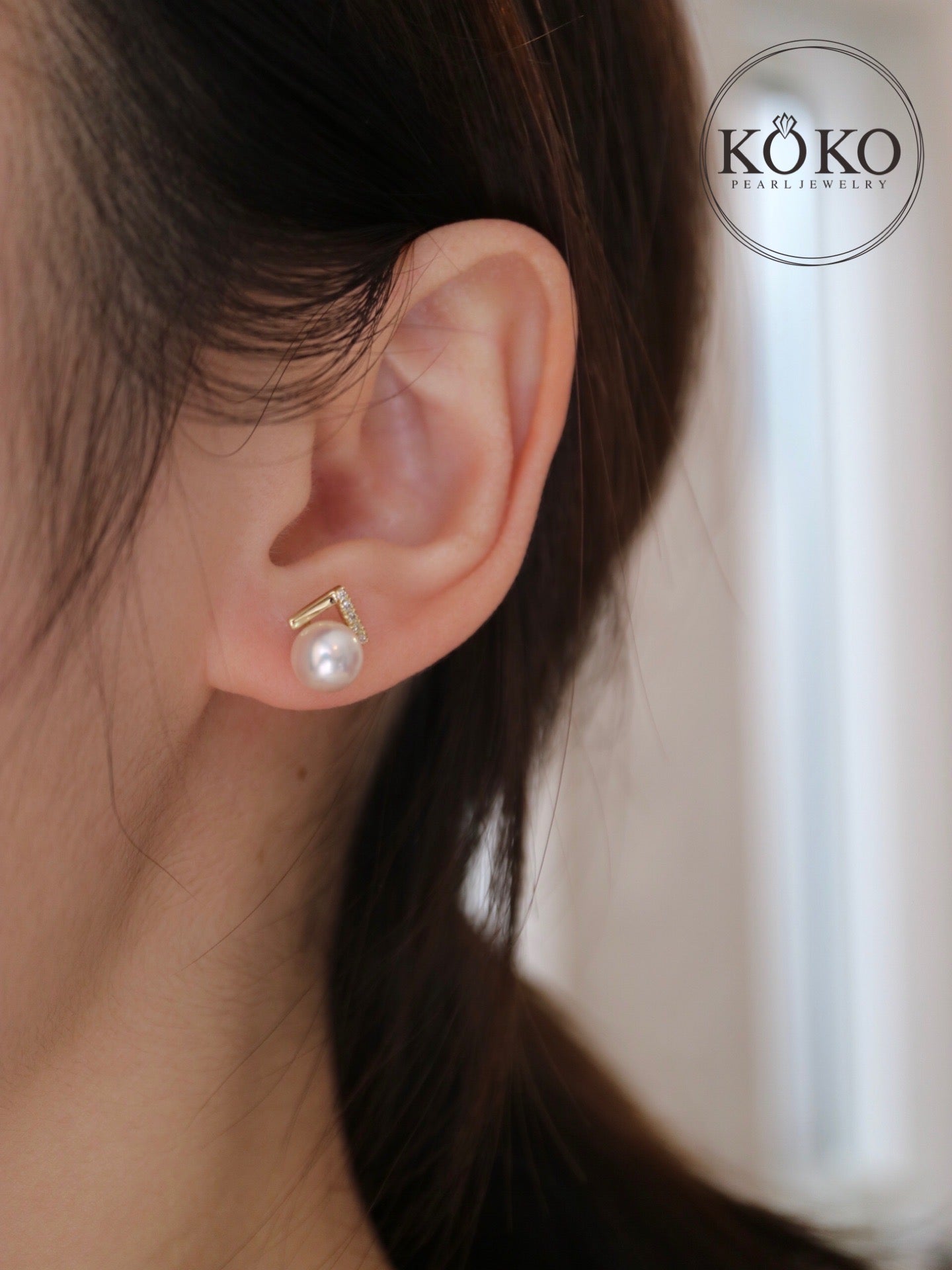 7mm Akoya Pearl V Shaped Diamond Earrings 18K Yellow Gold - KOKOPEARLJEWELRY - 2