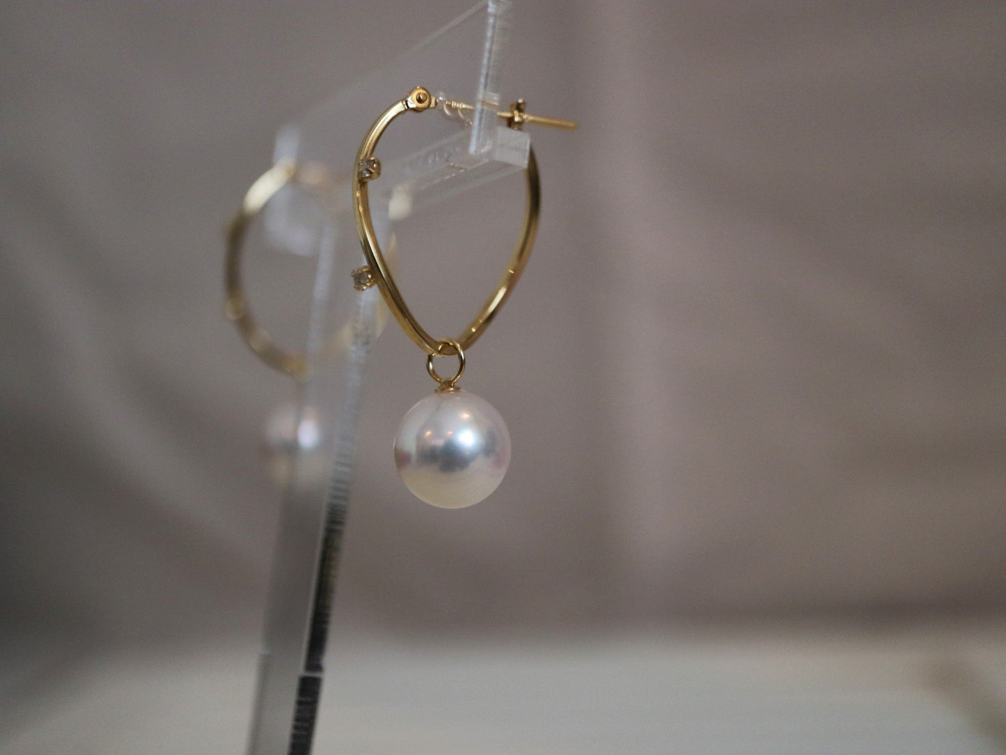 2Ways Wearing 8mm Akoya Pearl Diamond Hoop Earrings 18K Yellow Gold - KOKOPEARLJEWELRY - 5