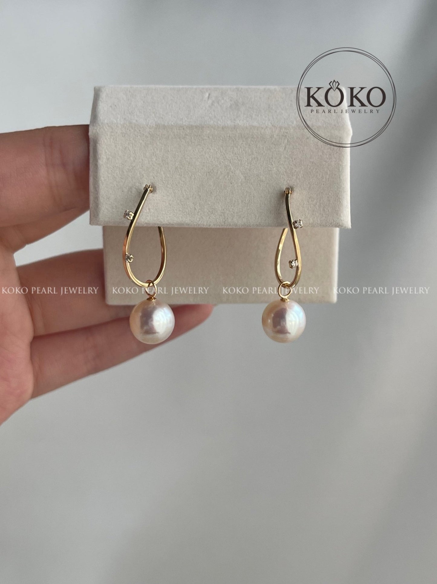 2Ways Wearing 8mm Akoya Pearl Diamond Hoop Earrings 18K Yellow Gold - KOKOPEARLJEWELRY - 8