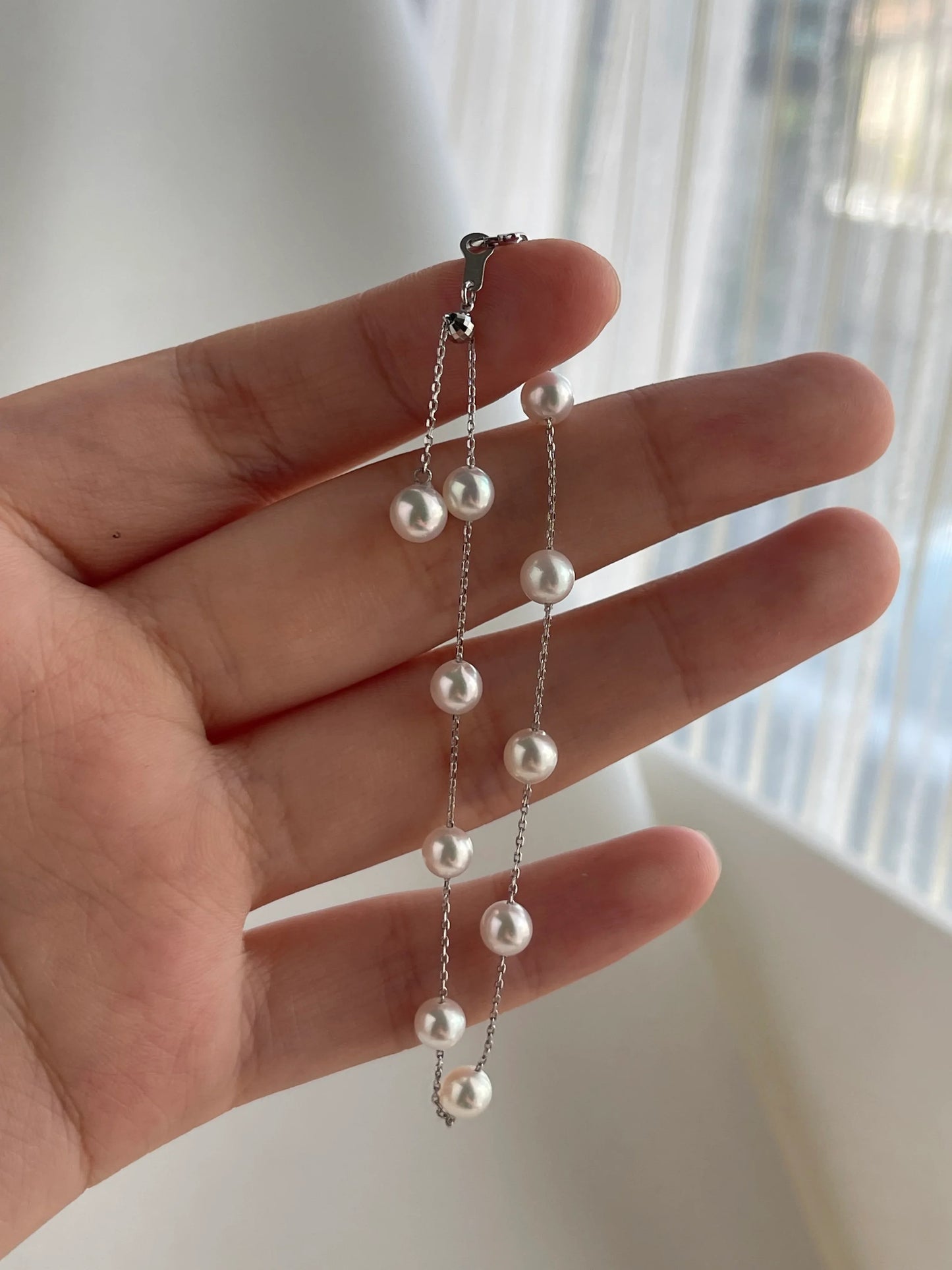 4.5mm 아코야 진주 스테이션 팔찌 18K 화이트 골드