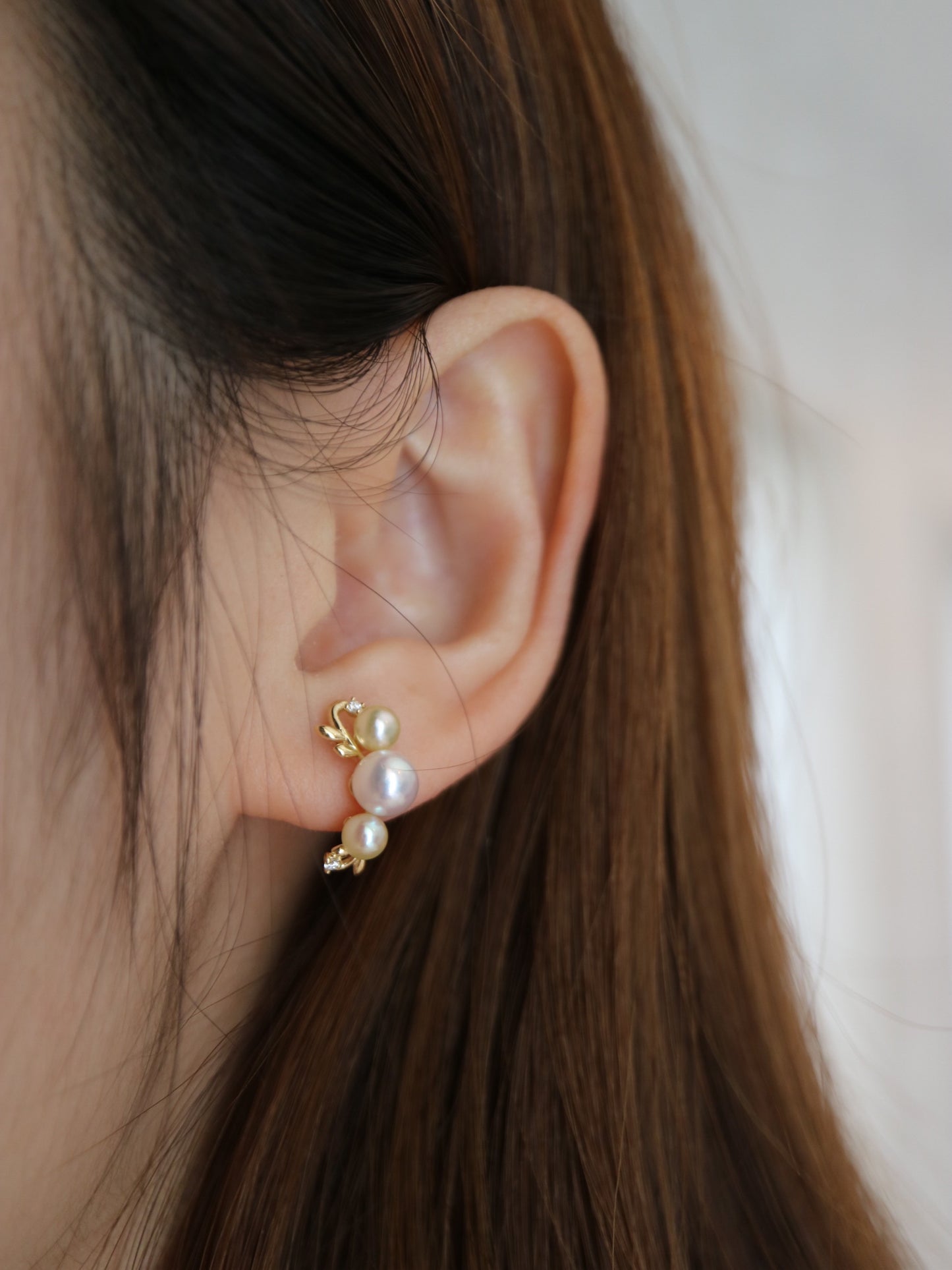 リーフデザイン 4+5.5mm ダブルカラー アコヤ真珠 ダイヤモンド スタッドピアス 18K イエローゴールド