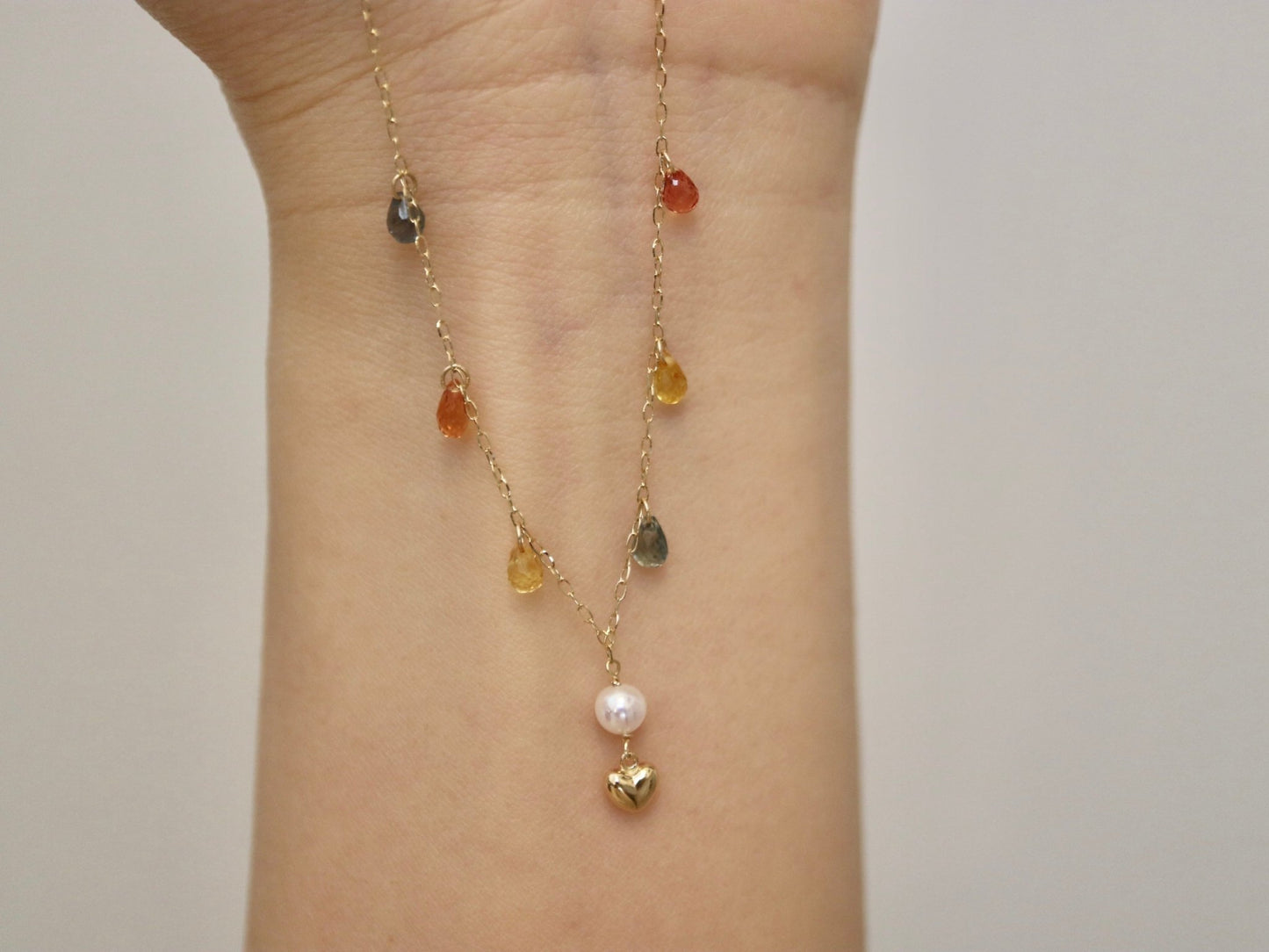 Gold Heart Akoya Pearl Pendant Mixed Color Sapphire Station Necklace 10K Gold - KOKOPEARLJEWELRY - 6