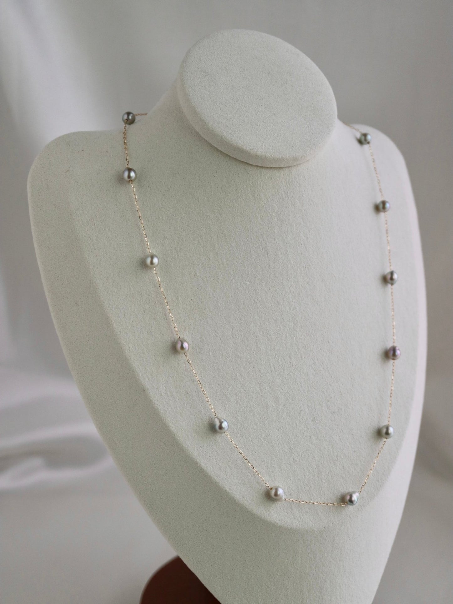 Natural Silver Blue Baroque Akoya Pearl Station Necklace 10K Yellow Gold - KOKOPEARLJEWELRY - 4