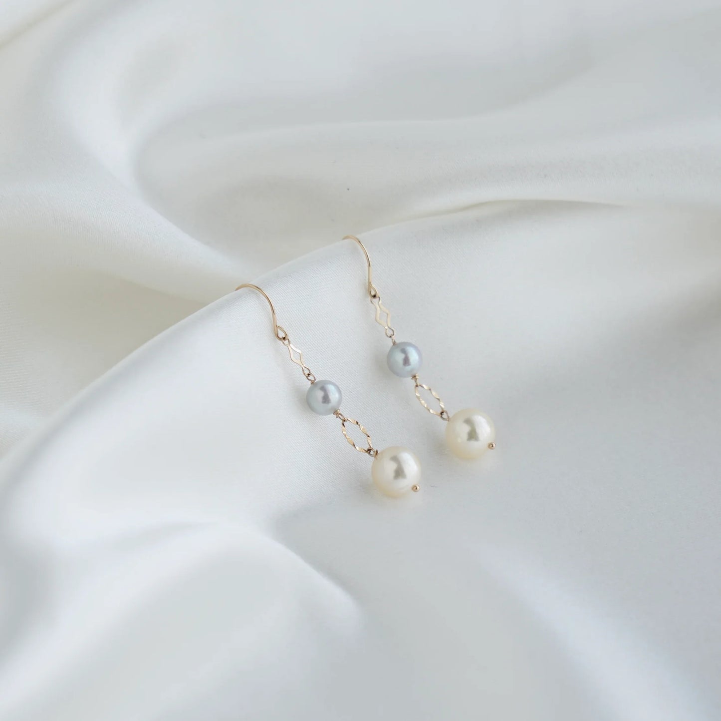 Two-Color Akoya Pearl Dangle Hook Earrings | 18K Yellow Gold