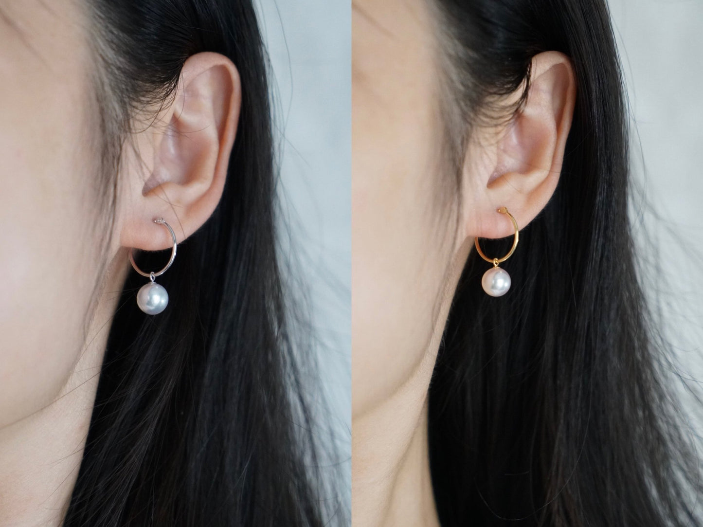 8mm Natural Silver Gray Akoya Pearl Dangle Hoop Earrings 18K White Gold - KOKOPEARLJEWELRY - 2