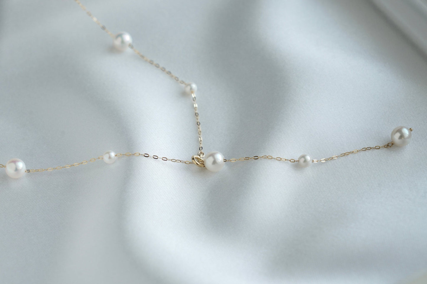 4+6.5mm Two Sizes Akoya Pearl Station Necklace 18K Yellow Gold - KOKOPEARLJEWELRY - 9