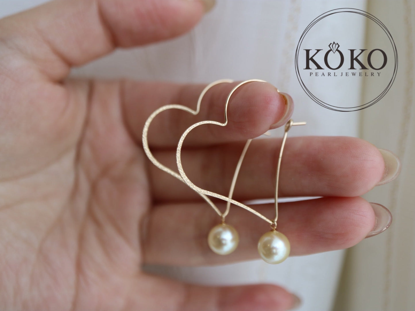 Natural Cream Golden Akoya Pearl Heart Shaped Hoop Earrings 10K Gold - KOKOPEARLJEWELRY - 3