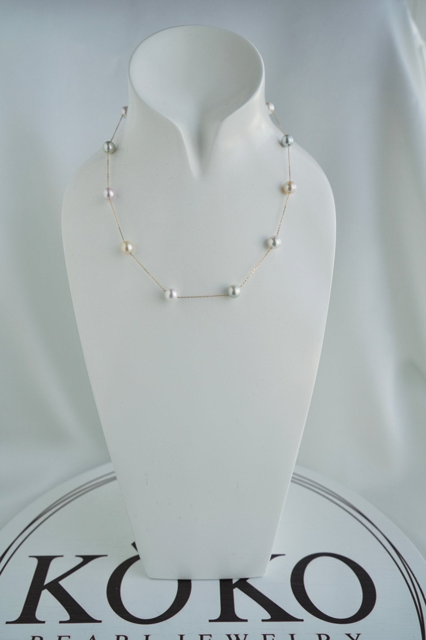 Rainbow Color 7.5mm Akoya Pearl Station Necklace 18K Gold - KOKOPEARLJEWELRY - 5