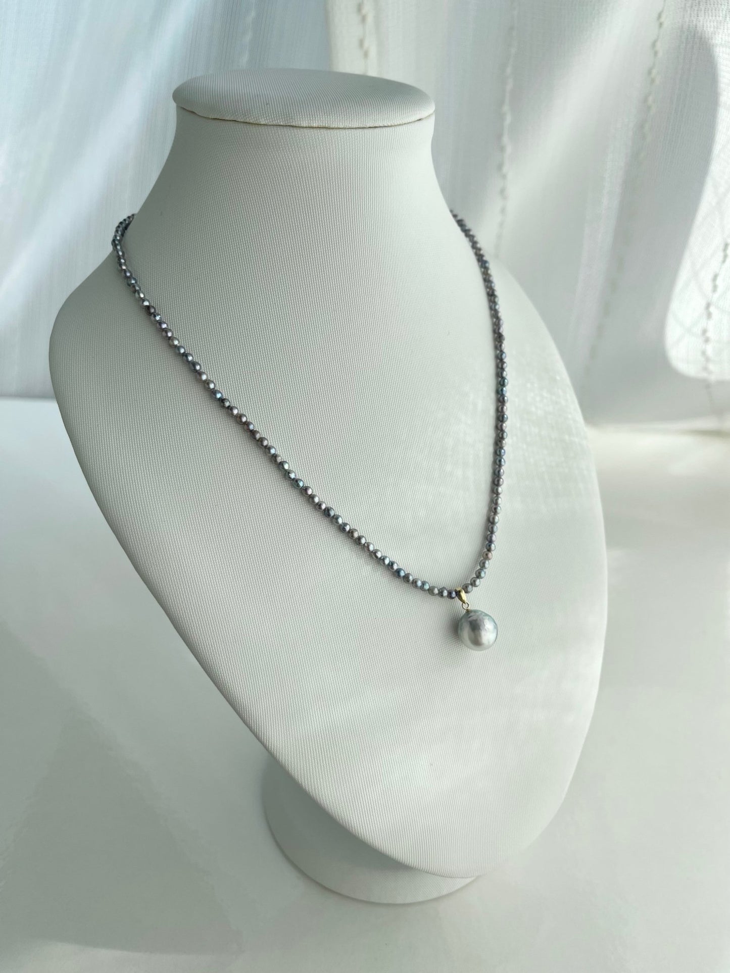 Rare 2 - 3mm Natural Silver Blue Akoya Pearl Strand Necklace with Detachable South Sea Pearl Pendant - KOKOPEARLJEWELRY - 2