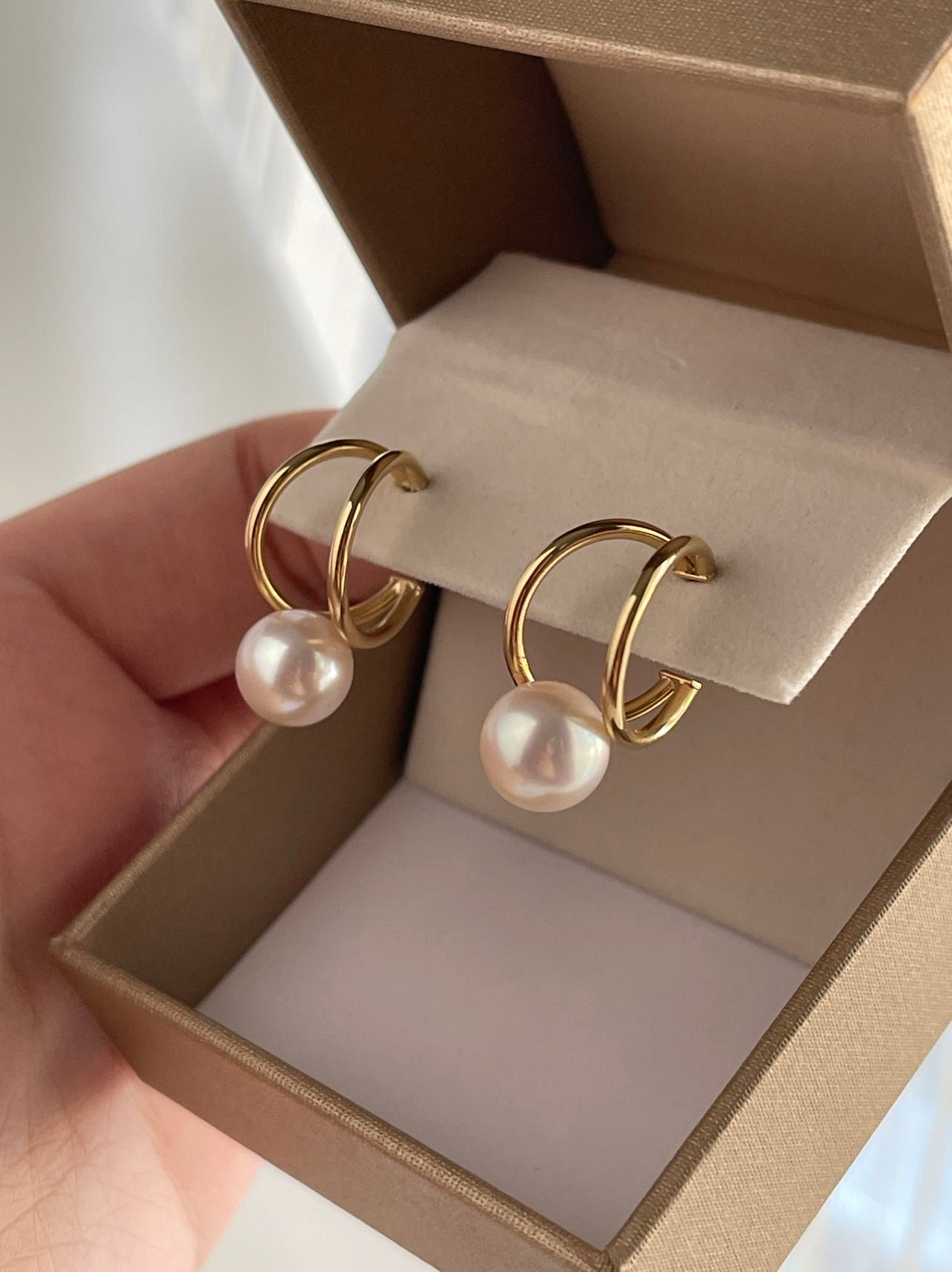Rare Size 9mm Japanese Akoya Seawater Pearl Double Hoop Earrings, 18K Solid Yellow Gold - KOKOPEARLJEWELRY - 5