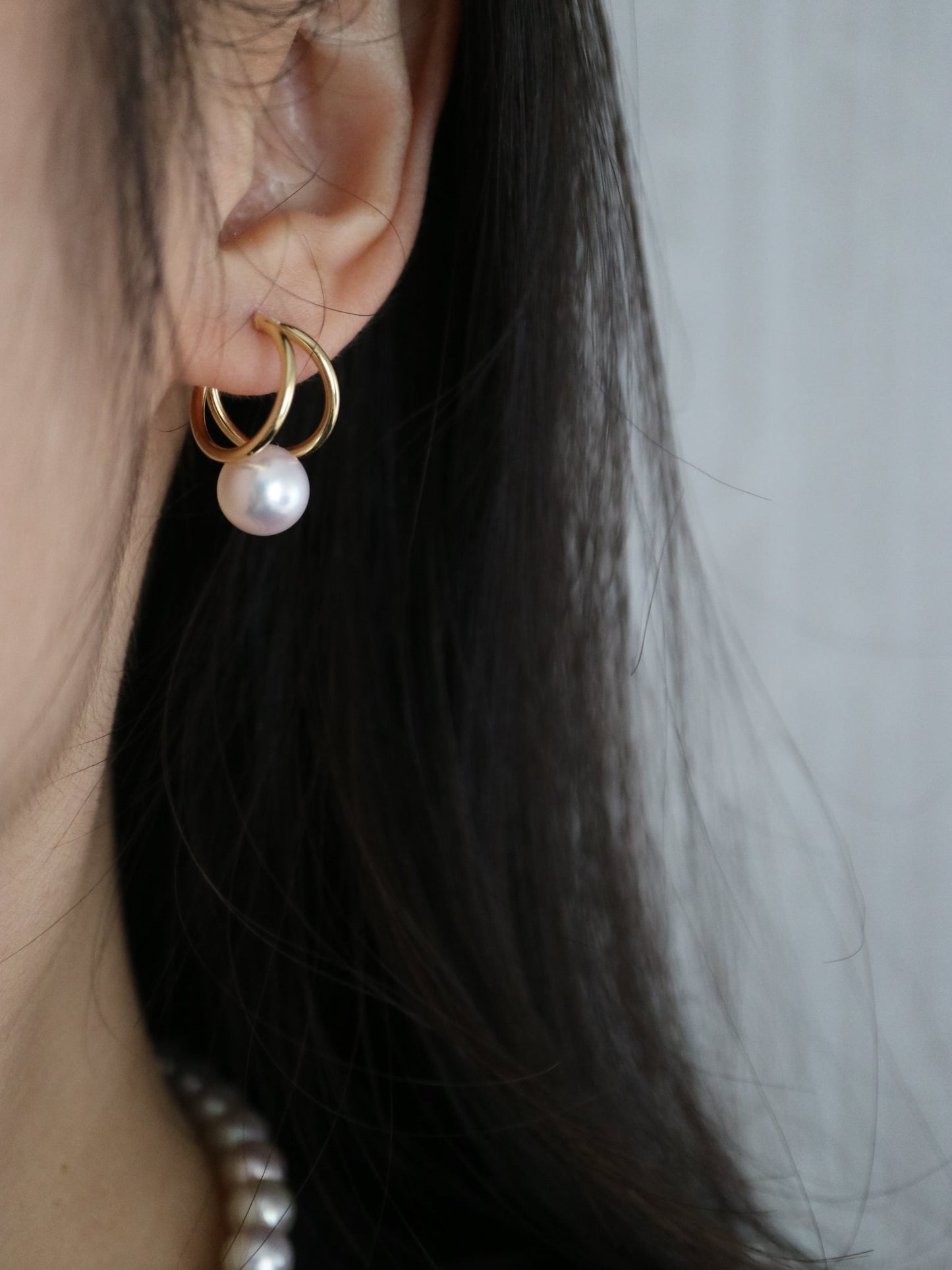 Rare Size 9mm Japanese Akoya Seawater Pearl Double Hoop Earrings, 18K Solid Yellow Gold - KOKOPEARLJEWELRY - 3