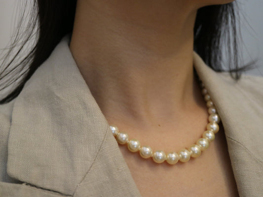 Rare Size 9mm Cream Golden Akoya Pearl Strand Necklace