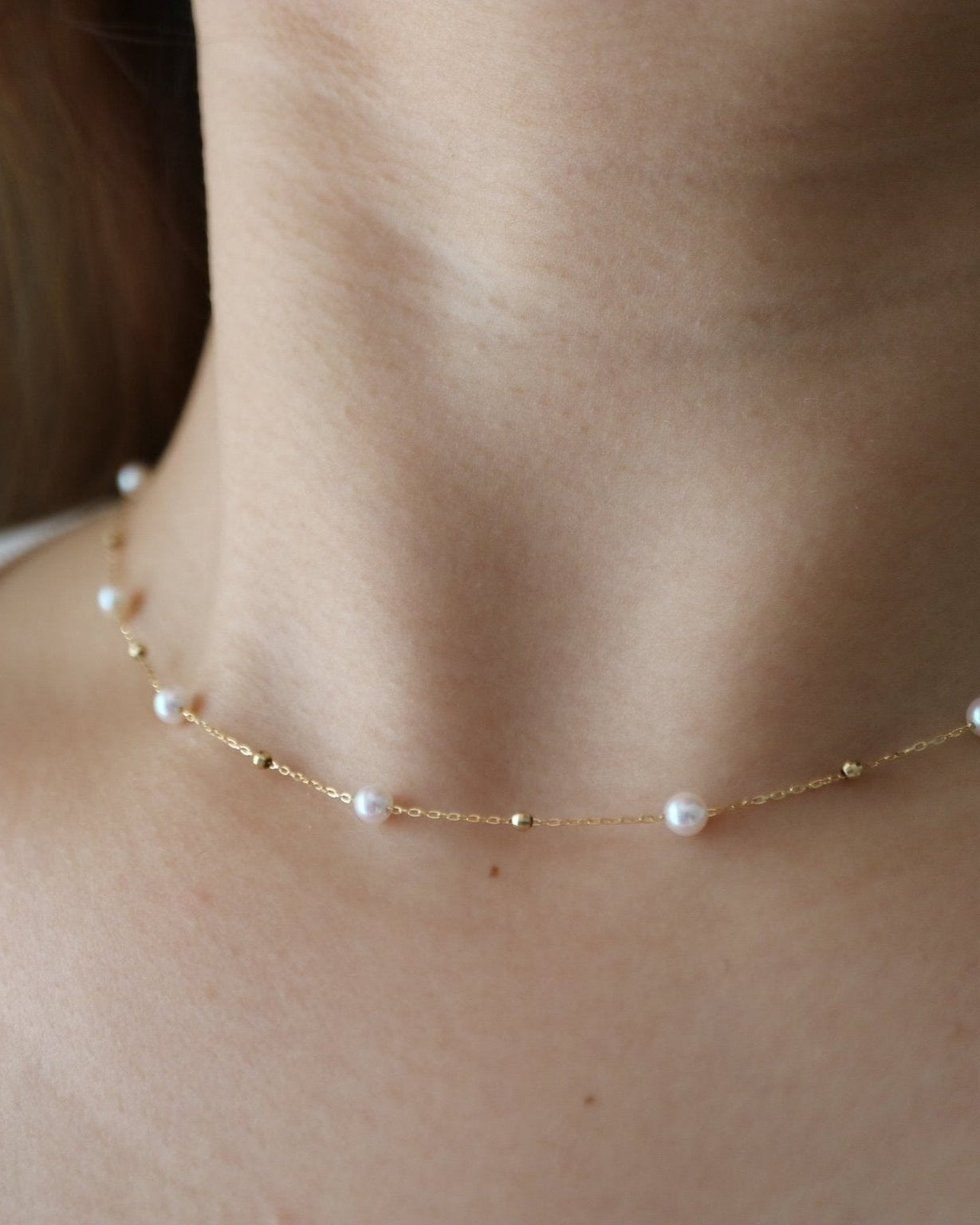 4.5 mm Akoya Pearl Beaded Station Necklace in 18K Gold - KOKOPEARLJEWELRY - 3