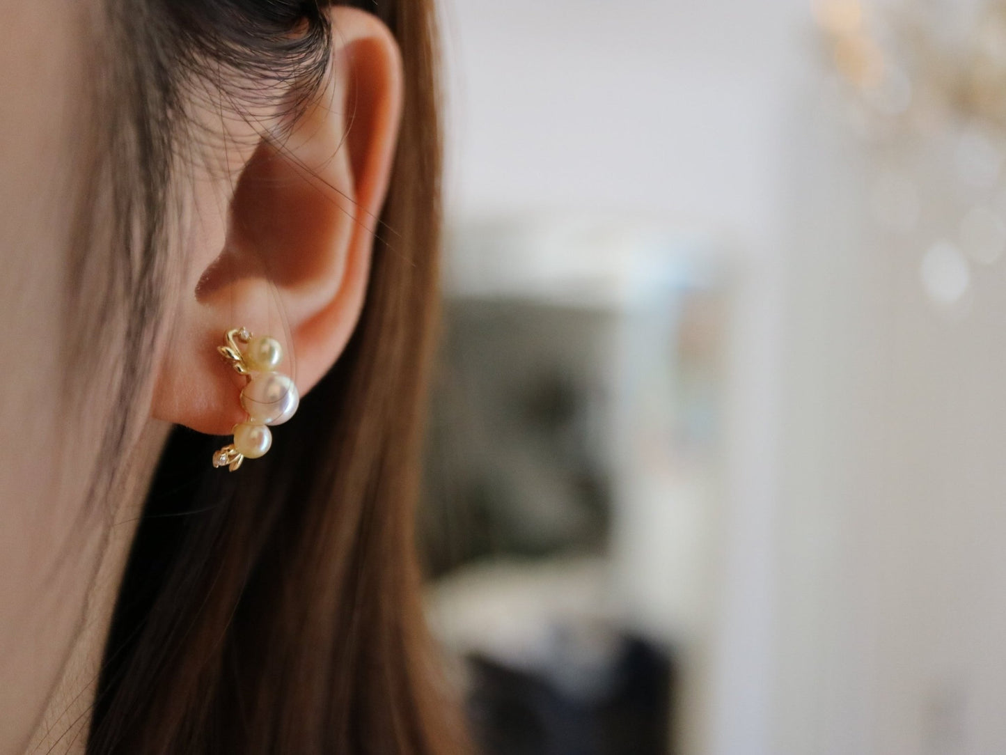 Leaf Design 4+5.5mm Double Color Akoya Pearl Diamond Stud Earrings 18K Yellow Gold - KOKOPEARLJEWELRY - 3