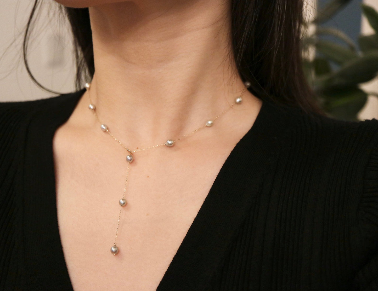 Natural Silver Blue Baroque Akoya Pearl Station Necklace 10K Yellow Gold - KOKOPEARLJEWELRY - 1