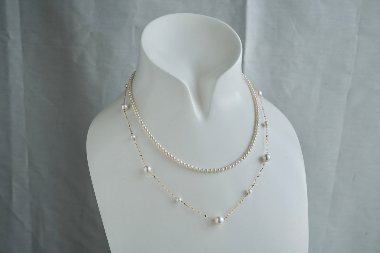 4+6.5mm Two Sizes Akoya Pearl Station Necklace 18K Yellow Gold - KOKOPEARLJEWELRY - 4