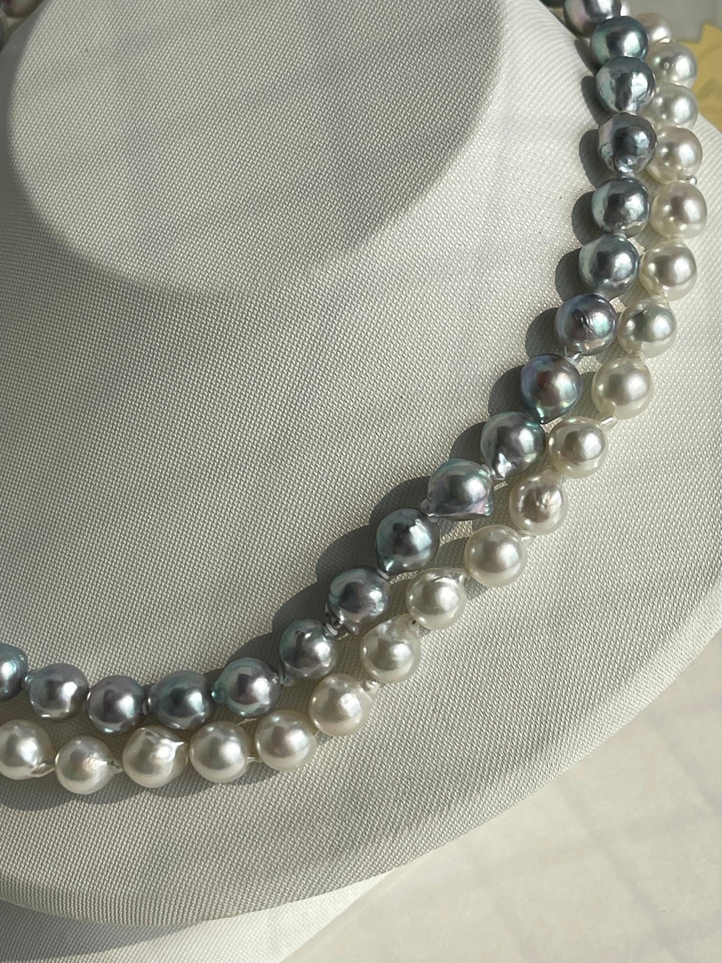 Certified Natural Silver Blue & White Color 8.5mm Baroque Shaped Akoya Pearl Long Necklace - KOKOPEARLJEWELRY - 5