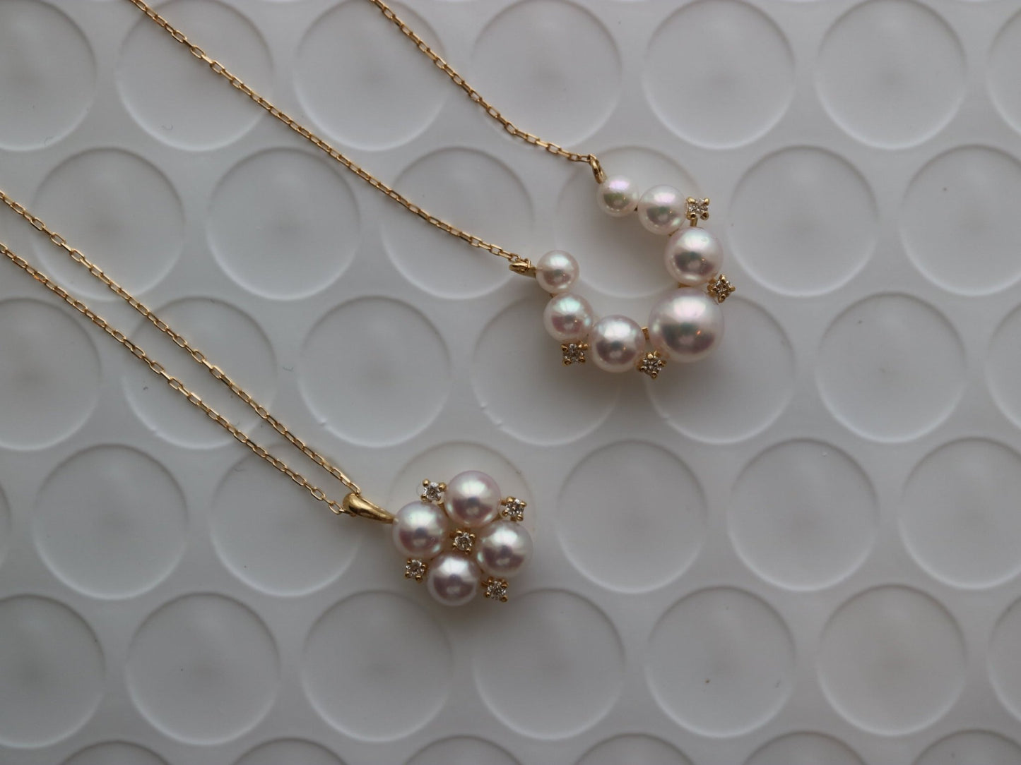 Gradient Sized Baby Akoya Pearl Diamond Horseshoe Shaped Pendant Necklace 18K Gold - KOKOPEARLJEWELRY - 6