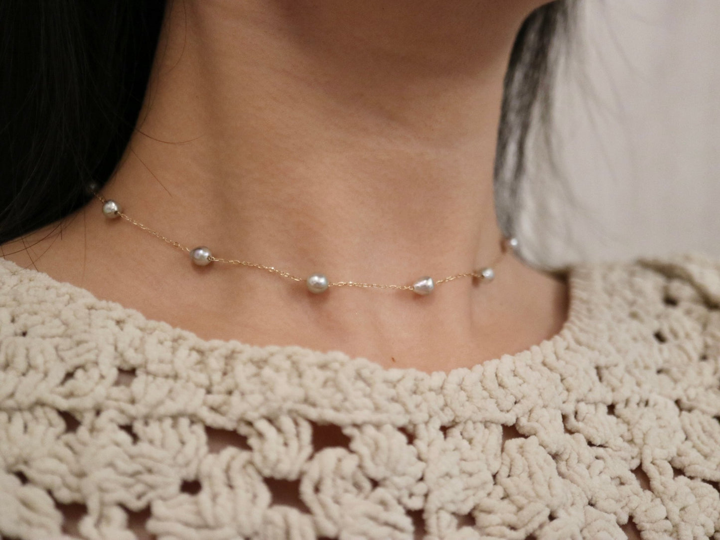 Natural Silver Blue Baroque Akoya Pearl Station Necklace 10K Yellow Gold - KOKOPEARLJEWELRY - 3