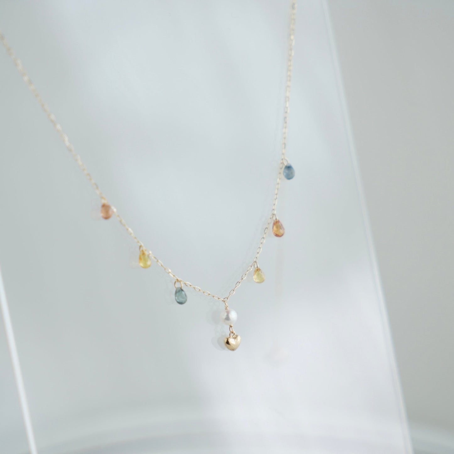 Gold Heart Akoya Pearl Pendant Mixed Color Sapphire Station Necklace 10K Gold - KOKOPEARLJEWELRY - 9