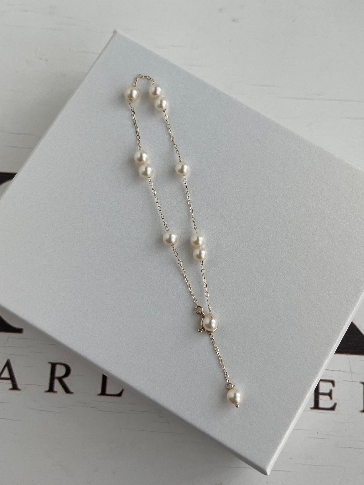 4mm Champagne White Akoya Pearl Station Bracelet 10K Yellow Gold - KOKOPEARLJEWELRY - 1