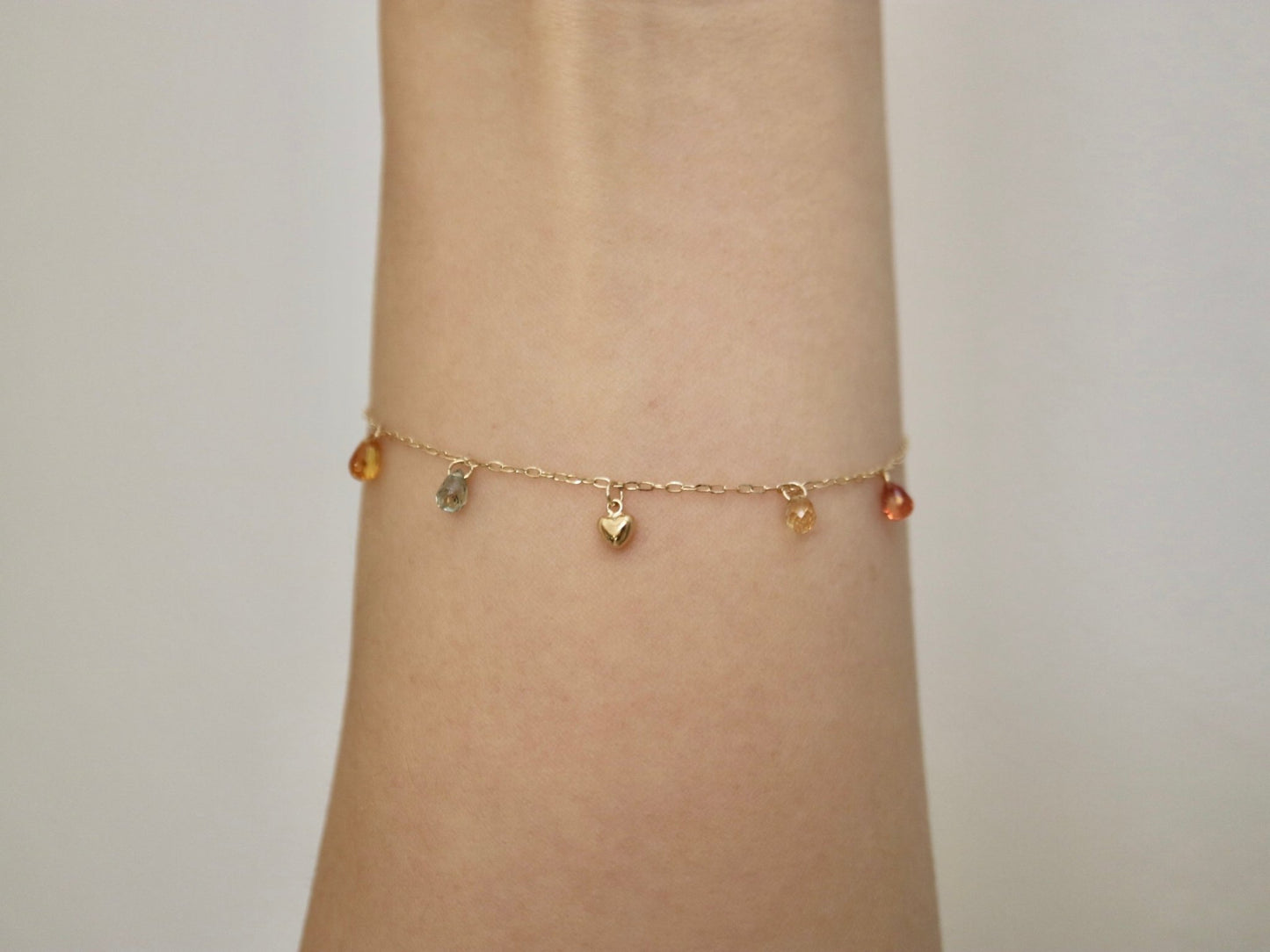 Gold Heart Akoya Pearl Mixed Color Sapphire Station Bracelet 10K Gold - KOKOPEARLJEWELRY - 6