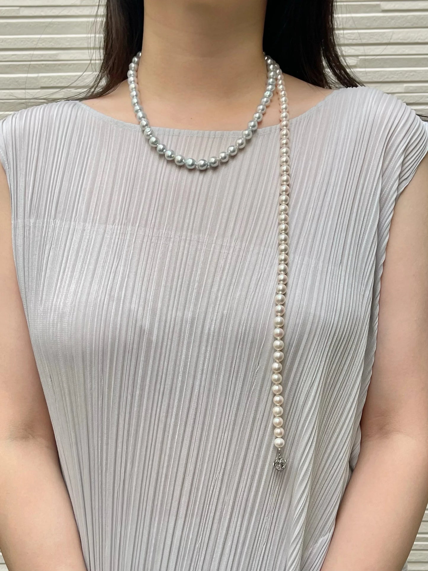 Certified Natural Silver Blue & White Color 8.5mm Baroque Shaped Akoya Pearl Long Necklace