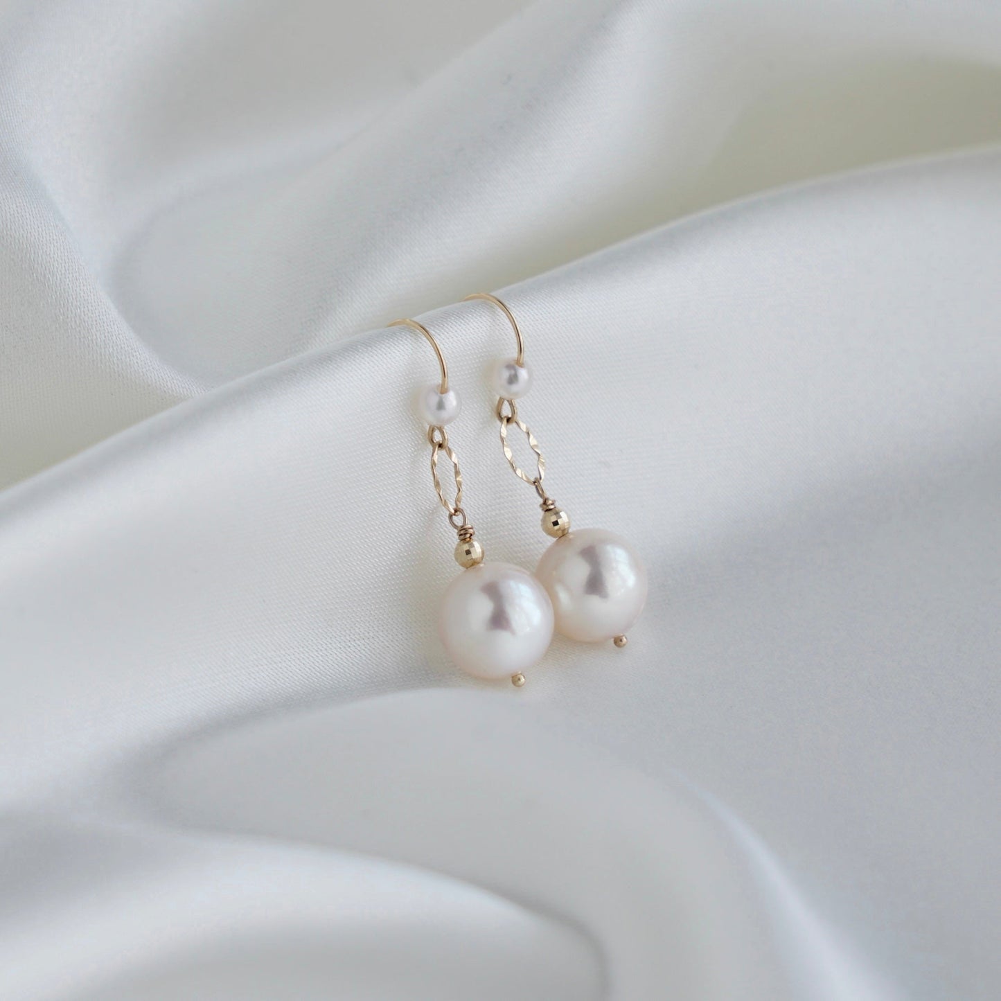 Rare Size 9mm Pinkish White Akoya Pearl Drop Hook Earrings 18K Gold - KOKOPEARLJEWELRY - 9