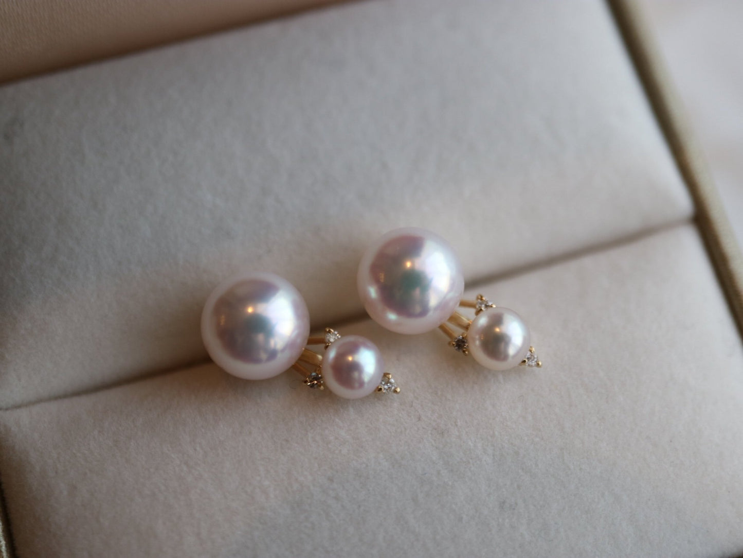 4+7.5mm Double Akoya Pearl Diamond Stud Earrings 18K Yellow Gold - KOKOPEARLJEWELRY - 6