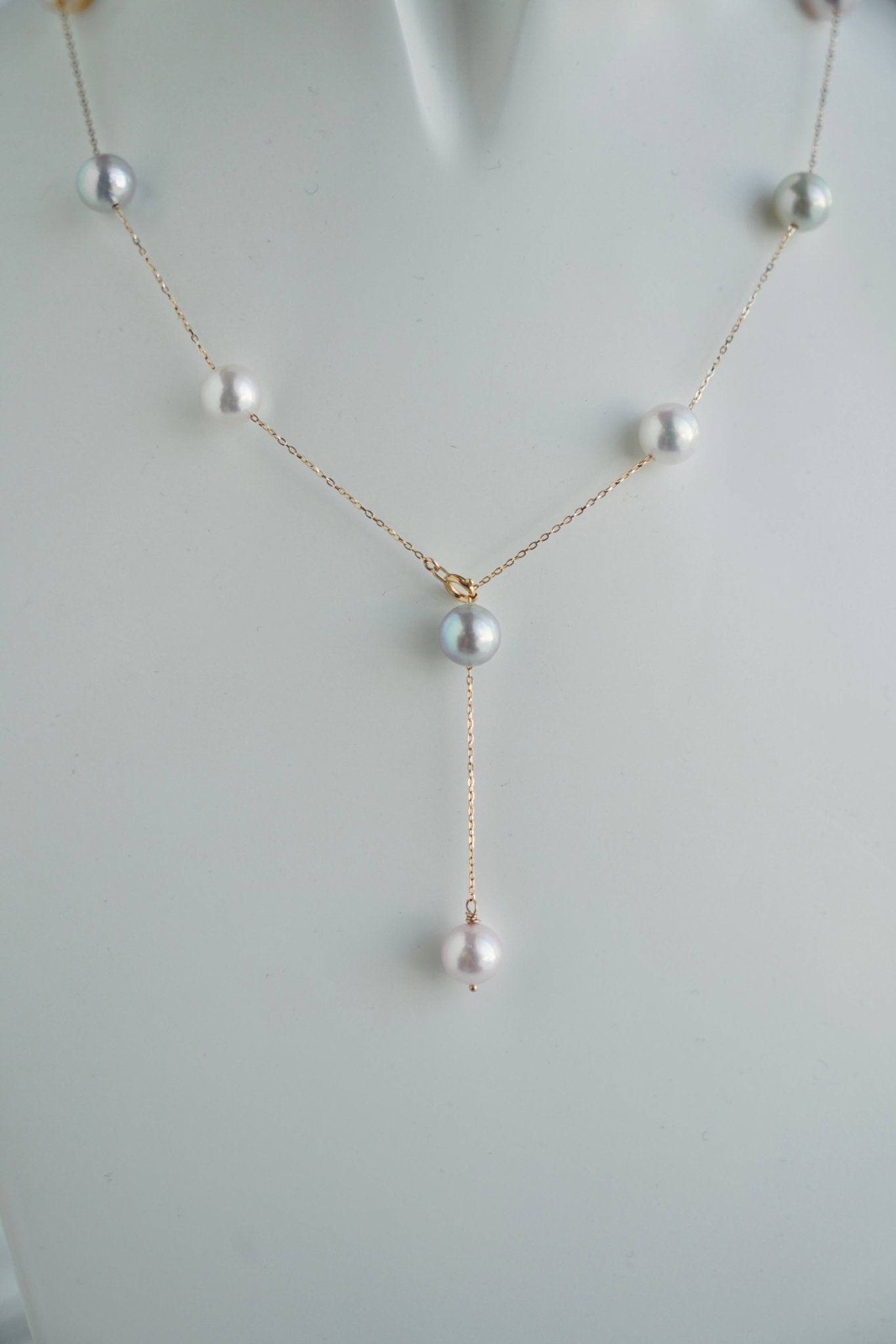 Rainbow Color 7.5mm Akoya Pearl Station Necklace 18K Gold - KOKOPEARLJEWELRY - 7