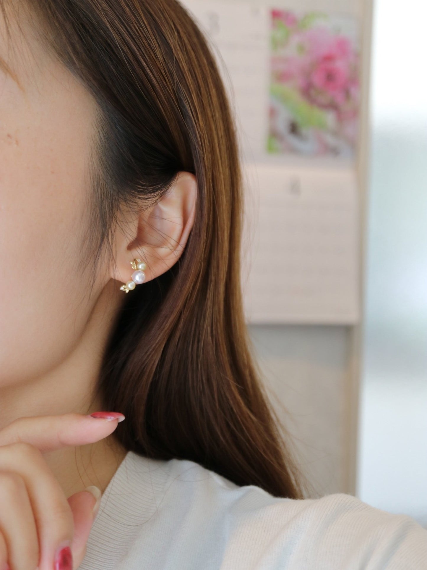 Leaf Design 4+5.5mm Double Color Akoya Pearl Diamond Stud Earrings 18K Yellow Gold - KOKOPEARLJEWELRY - 1