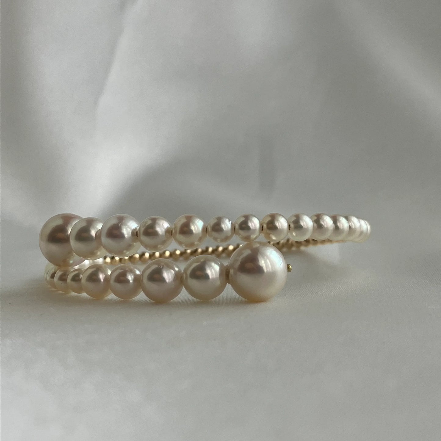 Gradient Size Akoya Pearl 10K/18K Gold Beads Flexible Memory Wire Bangle - KOKOPEARLJEWELRY - 10