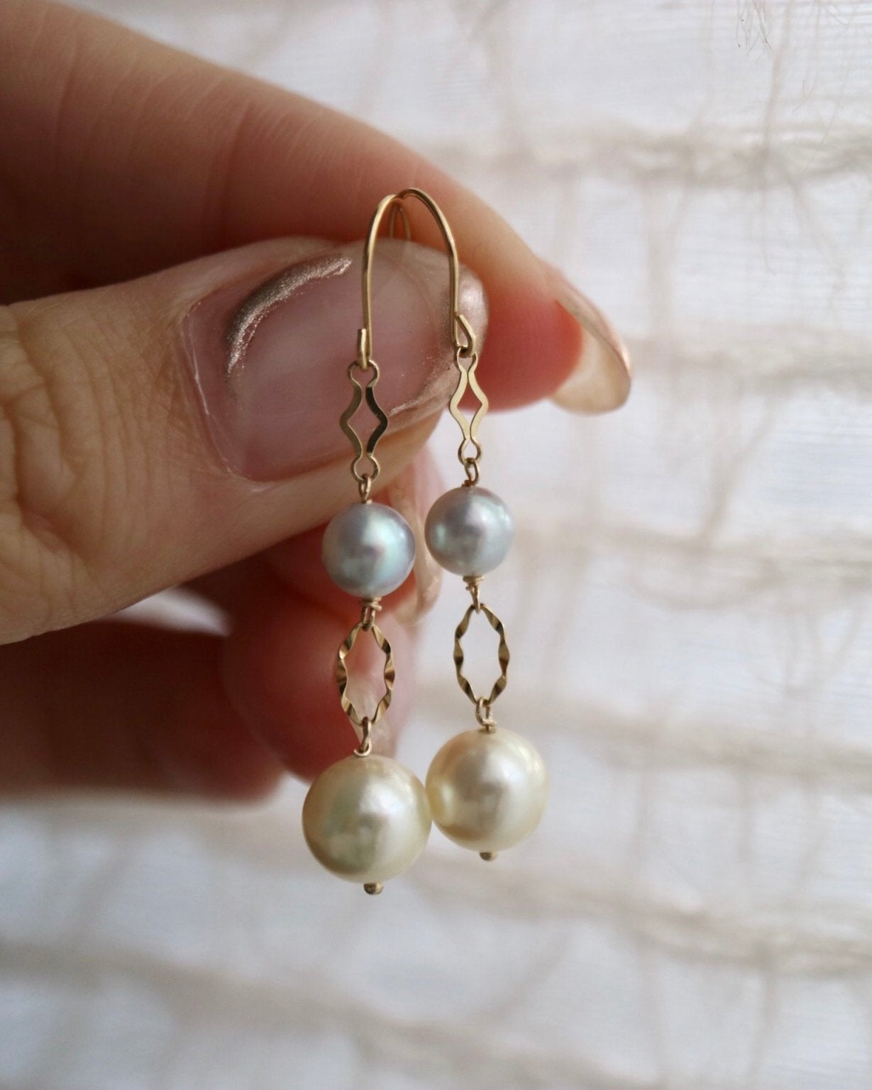 Two Color Akoya Pearl Dangle Hook Earrings 18K Yellow Gold - KOKOPEARLJEWELRY - 4