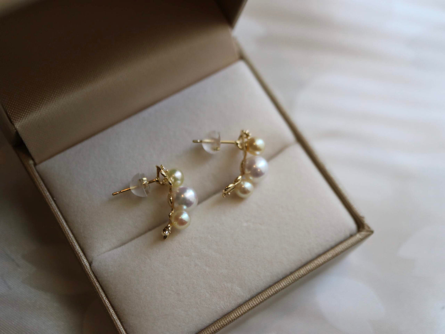 Leaf Design 4+5.5mm Double Color Akoya Pearl Diamond Stud Earrings 18K Yellow Gold - KOKOPEARLJEWELRY - 7